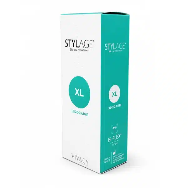 A white and teal box for Stylage XL Lidocaine Bi-Flex, 2x1ml dermal filler.