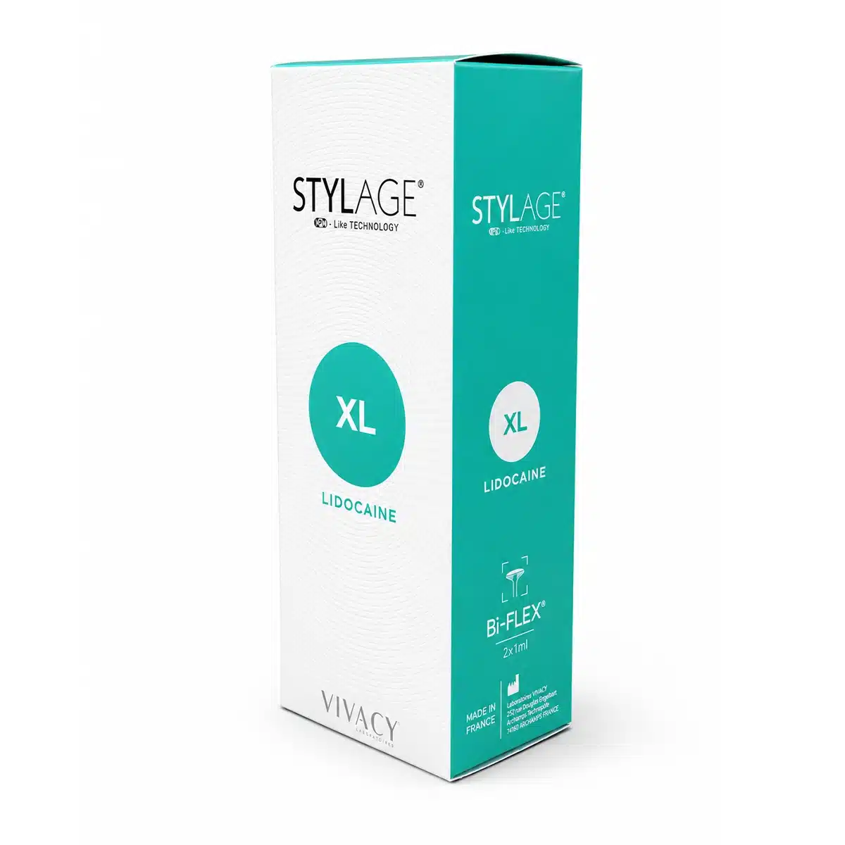 A white and teal box for Stylage XL Lidocaine Bi-Flex, 2x1ml dermal filler.