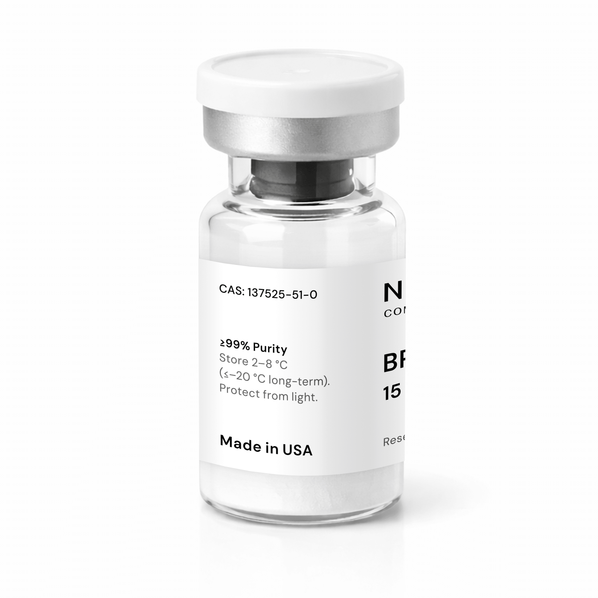 A clear glass vial with a silver cap labeled “BPC-157 15mg,” “≥99% Purity,” and “Made in USA,”