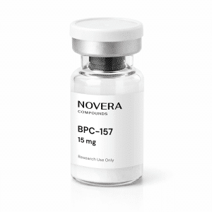 A clear vial labeled “BPC-157 15mg” with a white cap, containing a small amount of white powder at the bottom and marked for research use only.