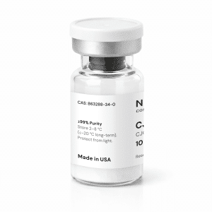 A clear vial with a silver cap contains a white powder. The label reads “CJC-1295 - With DAC 10mg,” “≥99% purity,” storage instructions, CAS number 863288-34-0, and “Made in USA.”.