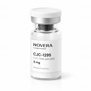 A clear vial labeled “CJC-1295 - With DAC 5mg, Research Use Only,” featuring a silver cap and white background.