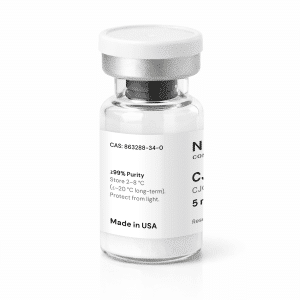 A clear glass vial labeled “CJC-1295 - With DAC 5mg” with a white cap and containing white powder. The label includes “≥99% Purity,” storage instructions, CAS number 863288-34-0, and “Made in USA.”.