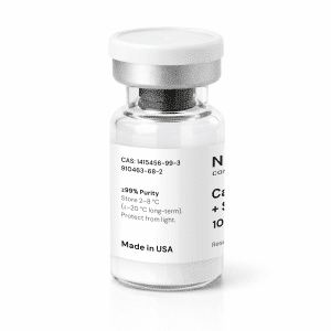 A clear vial with a white label displaying chemical information for Cagrilintide 5mg + Semaglutide 5mg, including purity, storage instructions, and “Made in USA.” The vial contains a white powder and is sealed with a metal cap.