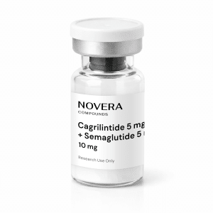 A clear vial labeled “Cagrilintide 5mg + Semaglutide 5mg” sits on a plain white background, topped with a white cap.