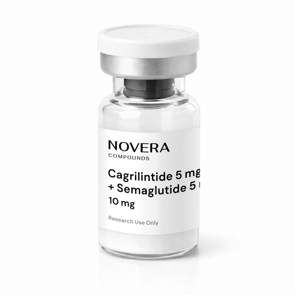 A clear vial labeled “Cagrilintide 5mg + Semaglutide 5mg” sits on a plain white background, topped with a white cap.