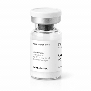 A clear glass vial with a white label and metal cap, containing white powder. Label includes text for purity, storage instructions, “Made in USA,” and a CAS number. The product details are partially visible.