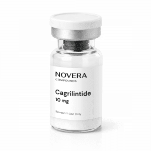 A clear vial labeled “Novera Compounds Cagrilintide 10 mg. Research Use Only” with a white cap, standing upright on a white surface.
