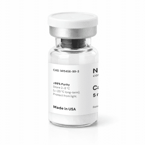 A clear glass vial with a white cap and a white label displaying “Cagrilintide 5mg,” chemical information, storage instructions, “Made in USA,” and high purity, set against a white background.