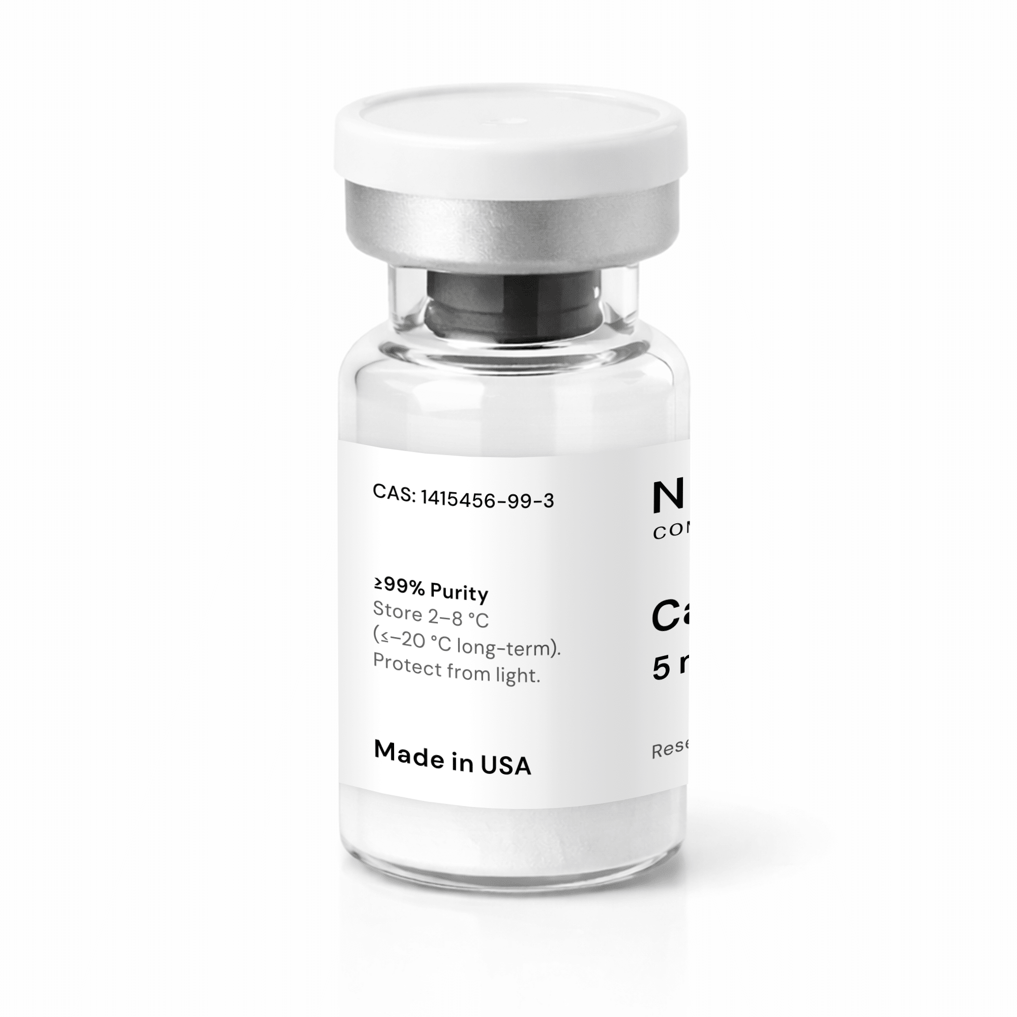 A clear glass vial with a white cap and a white label displaying “Cagrilintide 5mg,” chemical