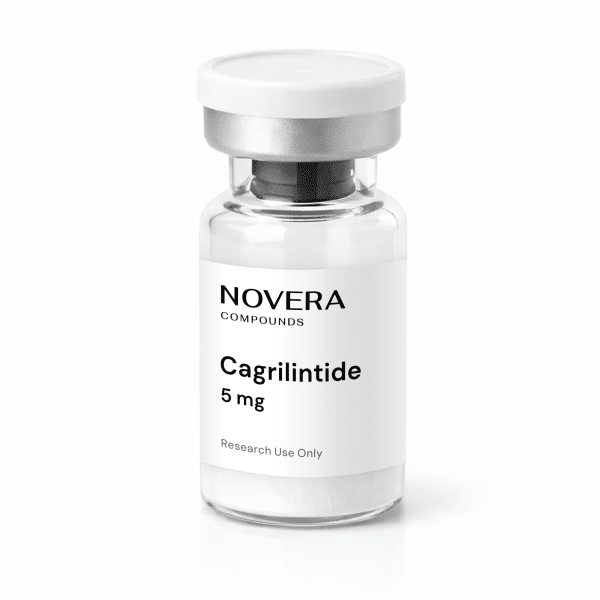 A small clear vial labeled “Cagrilintide 5mg” with a silver cap and white label, containing a white powder at the bottom, intended for research use only.