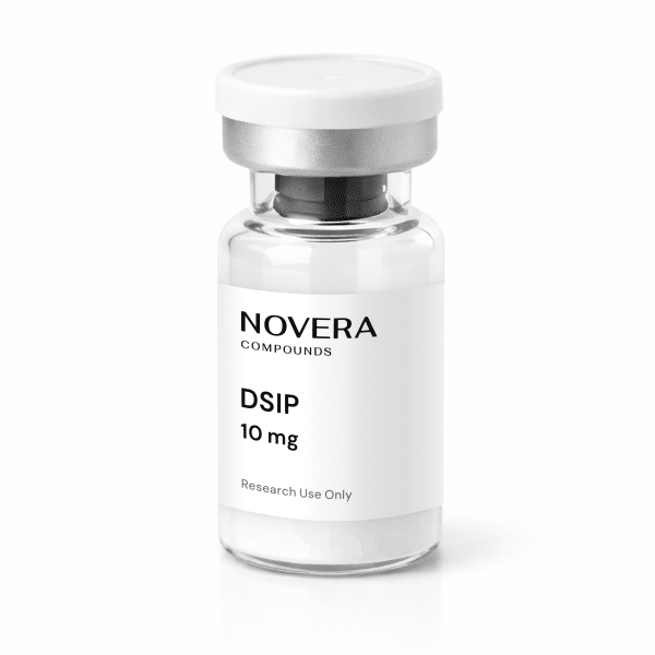 A clear vial labeled “DSIP 10mg” with a white cap, containing a white powder, for research use only.
