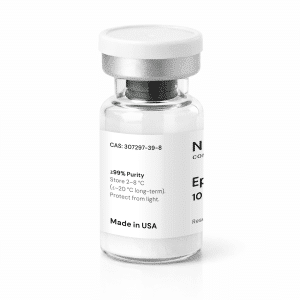 A clear vial labeled “Epithalon 10mg, ≥99% Purity, Made in USA” with storage instructions and a white cap, containing a white powder.