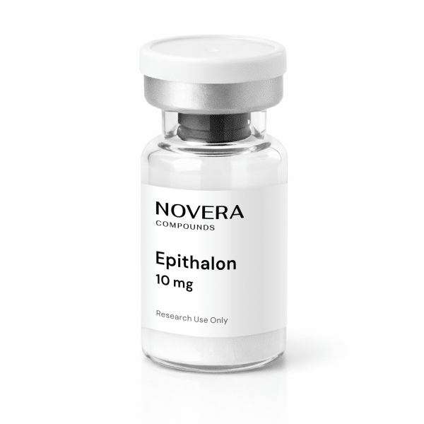 A clear vial with a white cap, labeled “Epithalon 10mg, Research Use Only,” from NOVERA COMPOUNDS, containing white powder, is displayed against a white background.