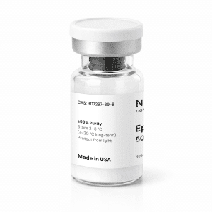 A clear glass vial with a white label displaying chemical information, including purity, storage instructions, and “Made in USA.” The vial has a silver cap and contains a white powder.