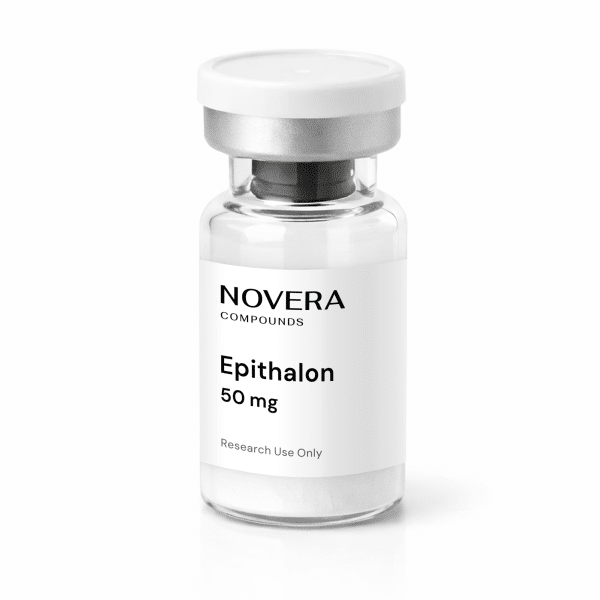 A small clear vial labeled “Novera Compounds Epithalon 50 mg, Research Use Only” with a white cap, containing a white powder.
