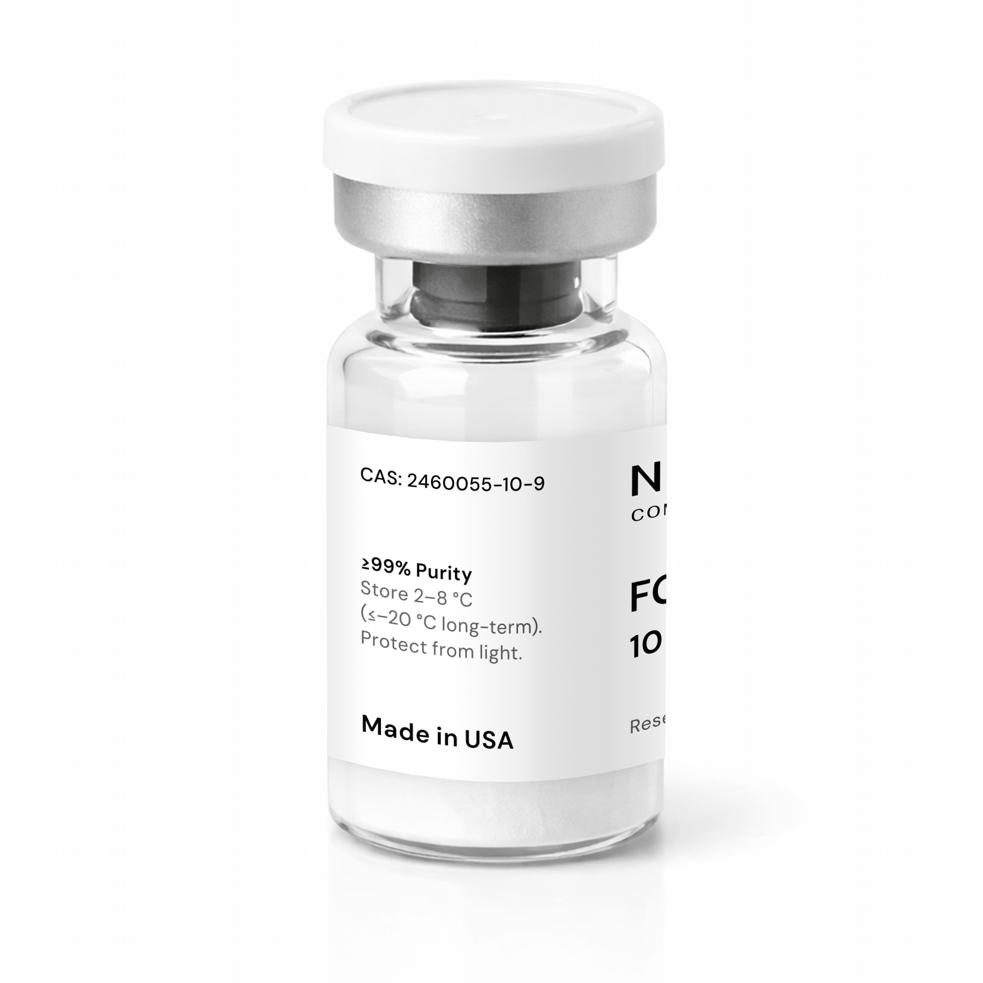 A clear glass vial with a white lid contains a white powder labeled “FOXO4.” The label displays