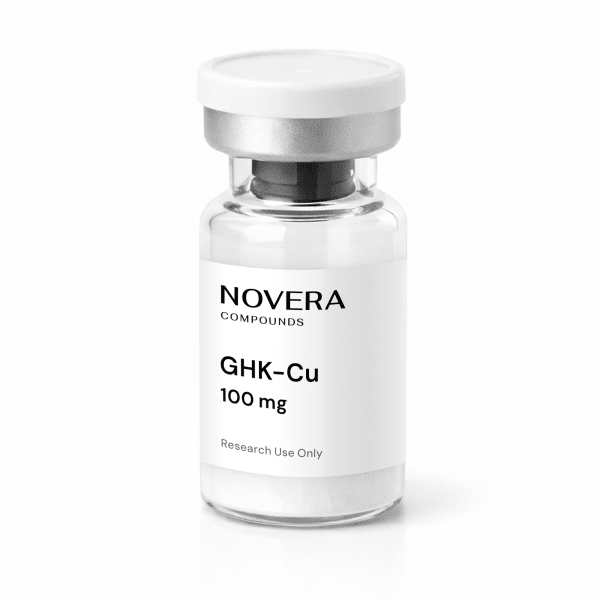 A clear vial labeled “GHK-Cu 100mg, Research Use Only” with a silver cap is displayed against a white background.