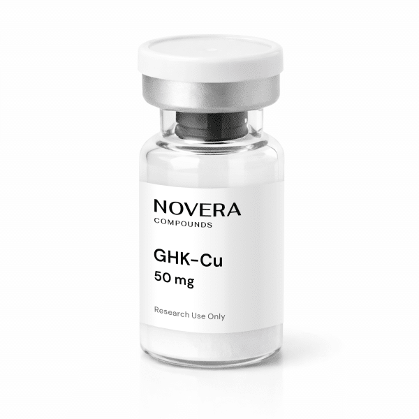 A clear vial with a white cap and white label marked “GHK-Cu 50mg, Research Use Only,” containing a white powder.
