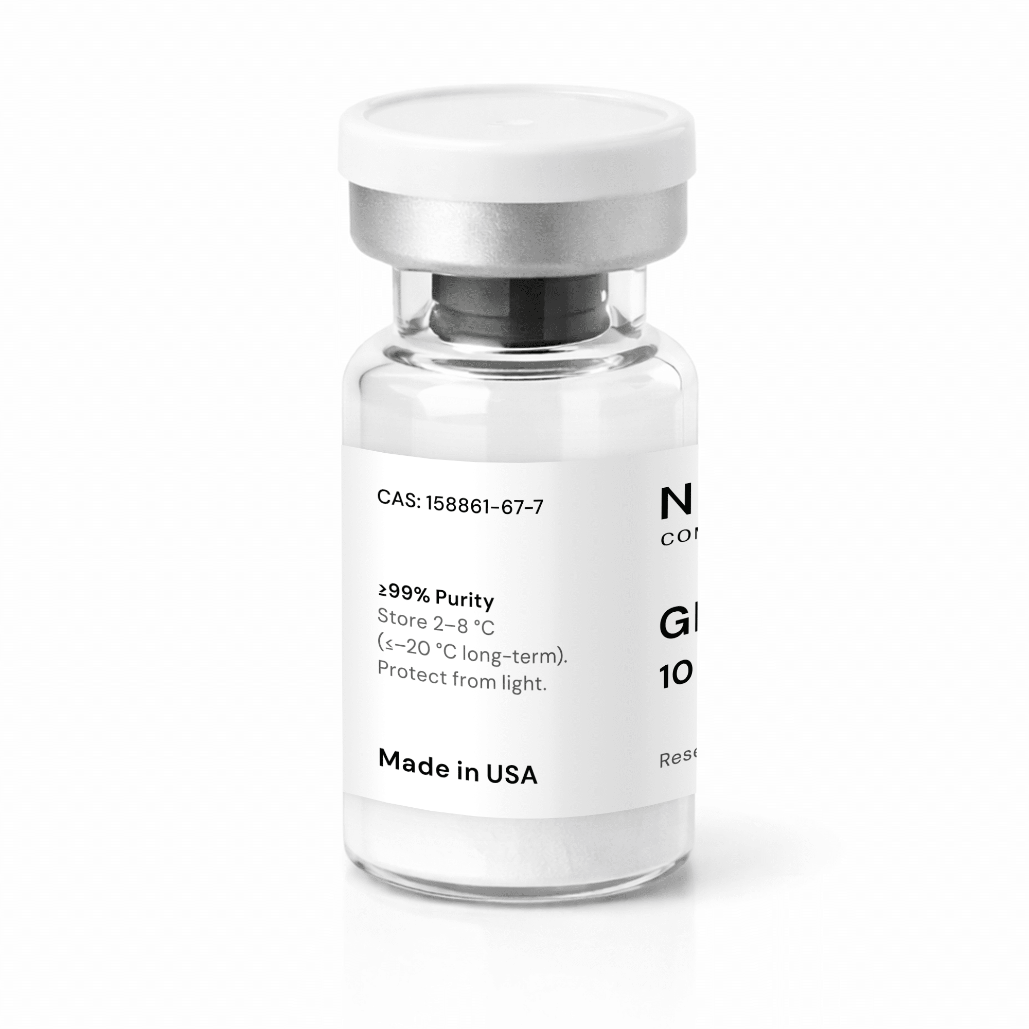 A clear glass vial labeled “GHRP-2 10mg” with scientific and storage information on a white label
