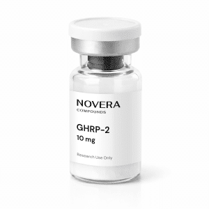 A clear vial labeled “GHRP-2 10mg, Research Use Only,” featuring a silver cap and containing white powder inside.
