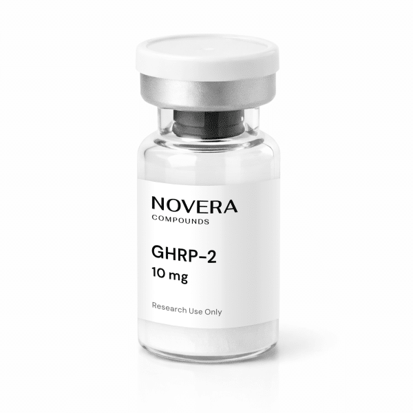 A clear vial labeled “GHRP-2 10mg, Research Use Only,” featuring a silver cap and containing white powder inside.