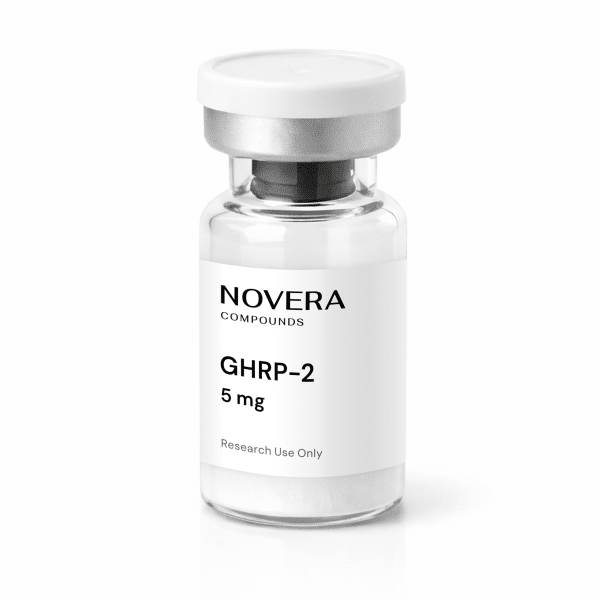 A clear vial labeled “GHRP-2 5mg Research Use Only,” featuring a silver cap and containing white powder at the bottom.