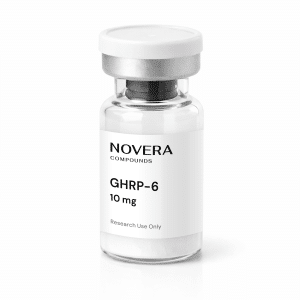 A clear vial labeled “GHRP-6 10mg, Research Use Only” with a silver cap, containing a white powdery substance.