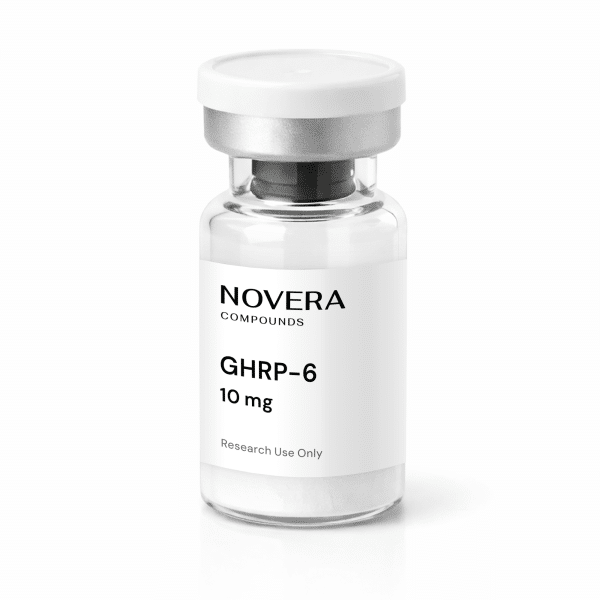 A clear vial labeled “GHRP-6 10mg, Research Use Only” with a silver cap, containing a white powdery substance.