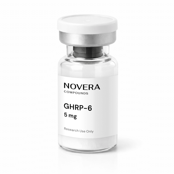 A clear glass vial labeled “GHRP-6 5mg” with a silver cap, containing a small amount of white powder at the bottom and marked for research use only.