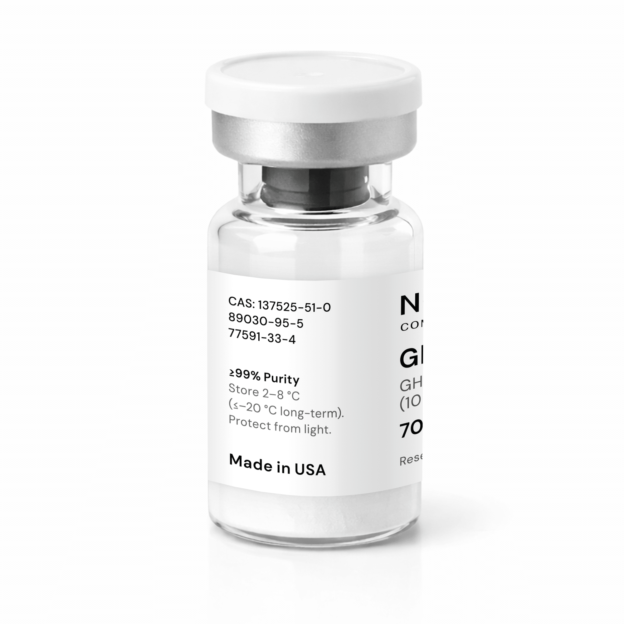 A clear vial with a white label and silver cap contains a white powder. The label displays the