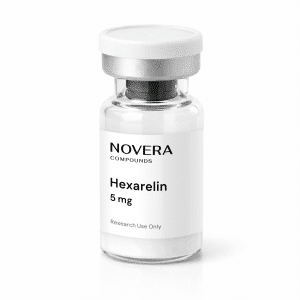 A clear vial labeled “Hexarelin 5mg, Research Use Only,” featuring a silver cap and containing white powder, displayed against a white background.