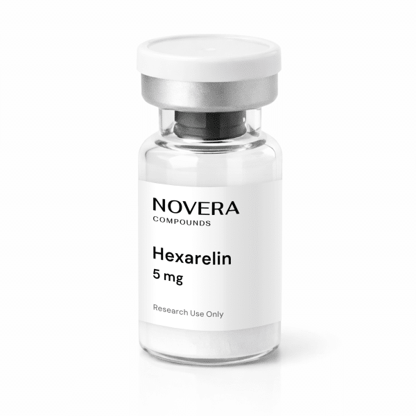 A clear vial labeled “Hexarelin 5mg, Research Use Only,” featuring a silver cap and containing white powder, displayed against a white background.