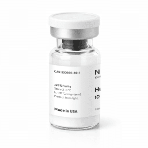 A clear vial with a white cap containing white powder labeled “Humanin 10mg.” The label also reads “≥99% Purity,” “Store 2-8°C,” “Made in USA,” and displays a CAS number. The vial is photographed on a white background.