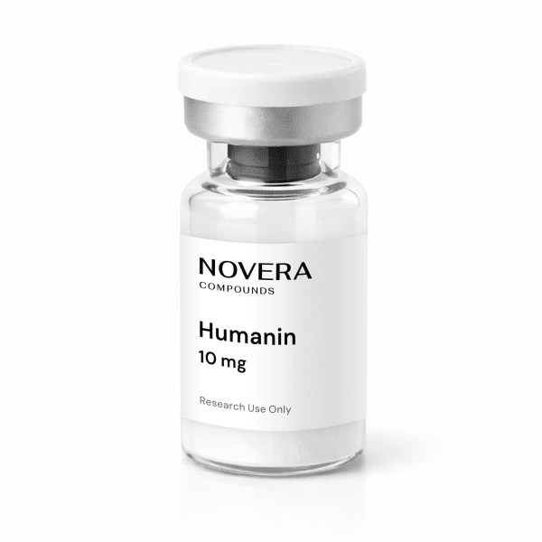 A clear vial with a white cap, labeled “Humanin 10mg, Research Use Only,” containing white powder.