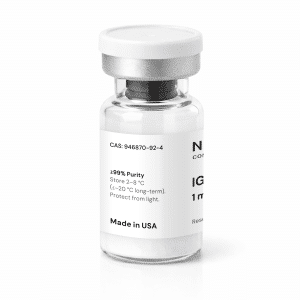 A clear vial labeled “IGF-1 LR3 1mg” with a white label and silver cap, featuring text such as “≥99% Purity,” storage instructions, and “Made in USA.” The vial contains a white powder and is photographed on a white background.