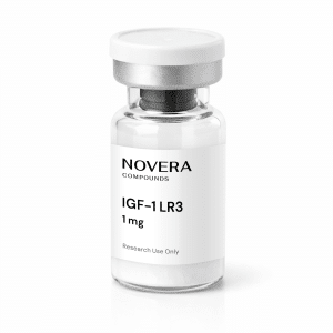 A small glass vial labeled “IGF-1 LR3 1mg” with a white cap, containing a white powder intended for research use only.