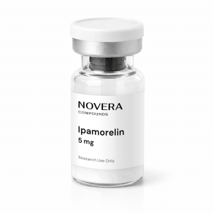 A clear glass vial labeled “Novera Compounds Ipamorelin 5 mg Research Use Only” with a silver cap, shown on a white background.