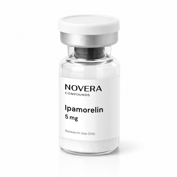 A clear glass vial labeled “Novera Compounds Ipamorelin 5 mg Research Use Only” with a silver cap, shown on a white background.