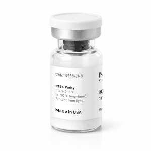 A clear vial with a silver cap, labeled with CAS: 112965-21-6, ≥99% purity, storage instructions, and “Made in USA.” The vial contains a white powder.
