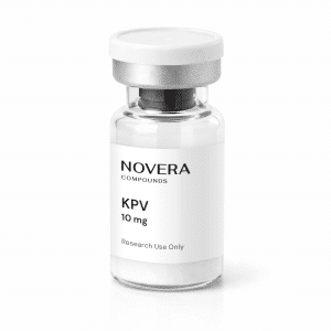 A clear vial labeled “NOVERA COMPOUNDS KPV 10 mg” with white powder inside. The label also states “Research Use Only.”.