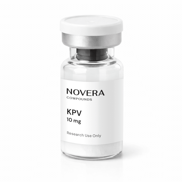 A clear vial labeled “NOVERA COMPOUNDS KPV 10 mg” with white powder inside. The label also states “Research Use Only.”.