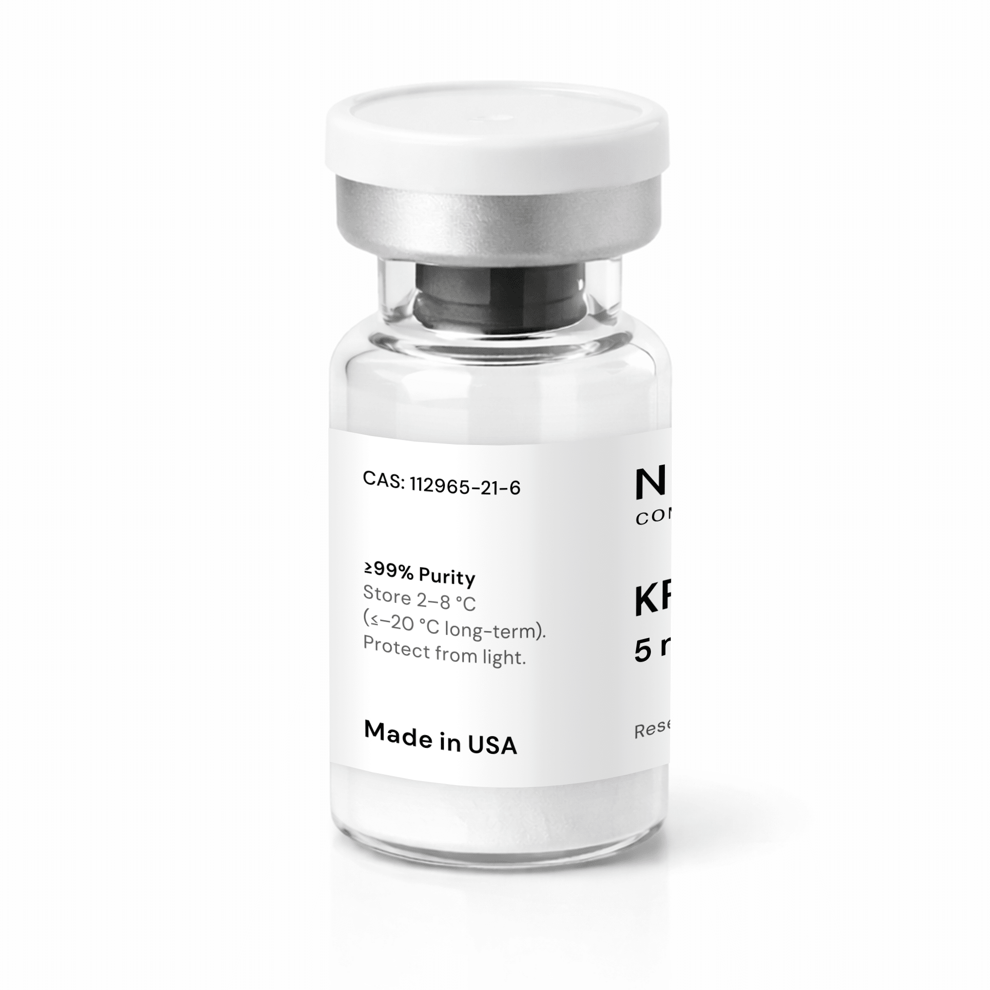 A clear glass vial with a white cap and label contains 5mg of KPV as a white powder. The label