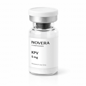 A clear vial labeled “KPV 5mg” with a white cap, containing a small amount of white powder.