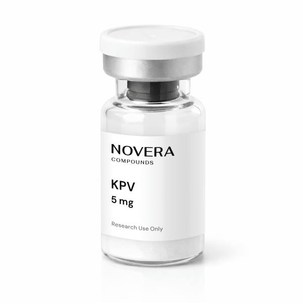 A clear vial labeled “KPV 5mg” with a white cap, containing a small amount of white powder.