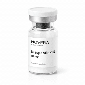 A clear vial labeled “Kisspeptin 10mg” with a white cap, containing a white powder and marked for research use only.