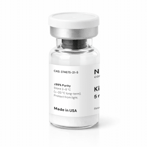 A clear vial with a white label and silver cap containing Kisspeptin 5mg as a white powder, marked “≥99% purity,” with storage instructions, “Made in USA,” the CAS number, and protection guidelines displayed on the label.