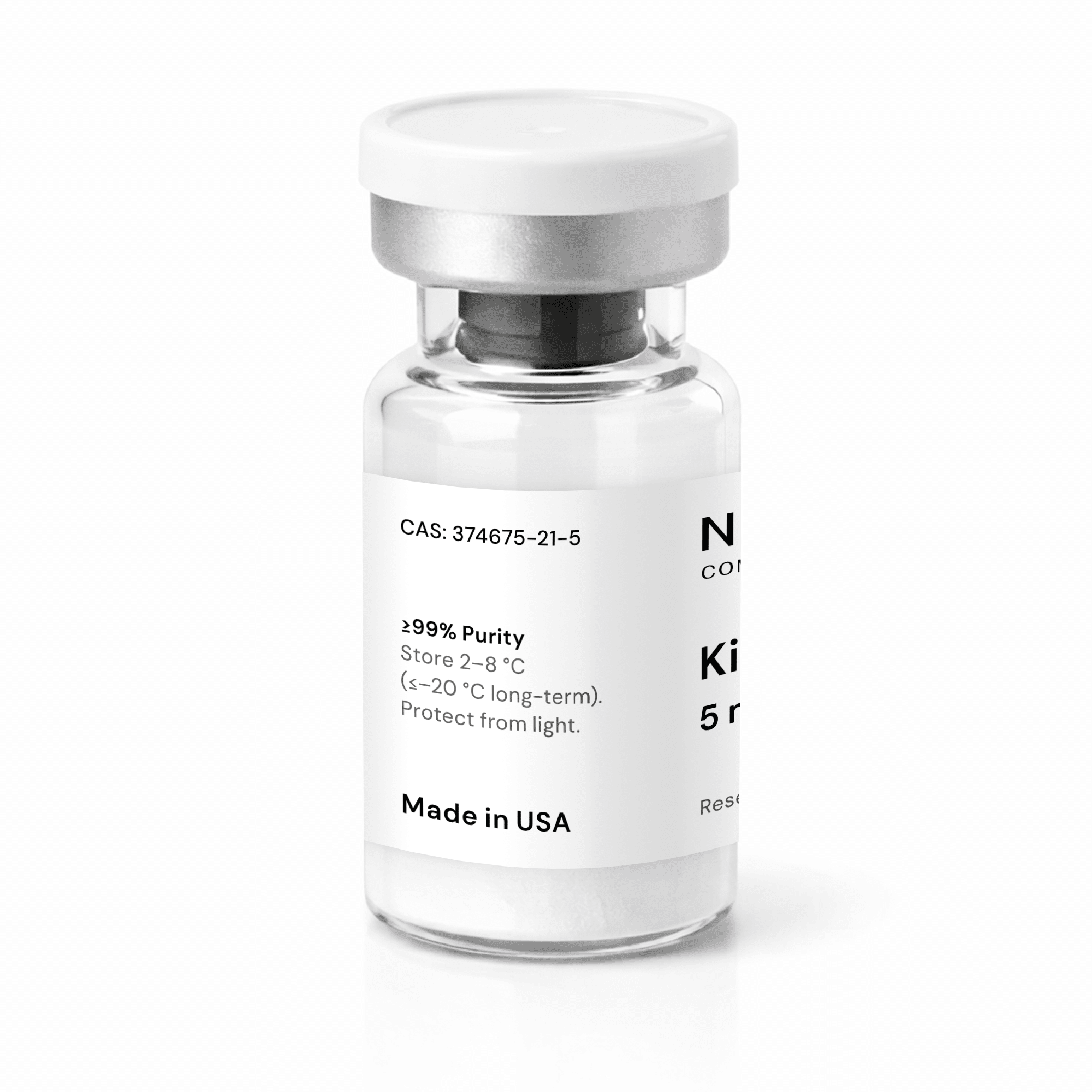 A clear vial with a white label and silver cap containing Kisspeptin 5mg as a white powder, marked