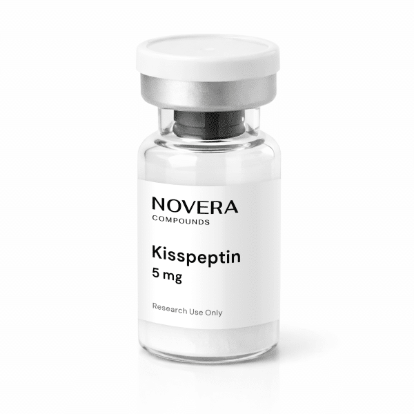 A clear glass vial labeled “NOVERA COMPOUNDS Kisspeptin 5mg Research Use Only” with a white cap, containing a white powder.