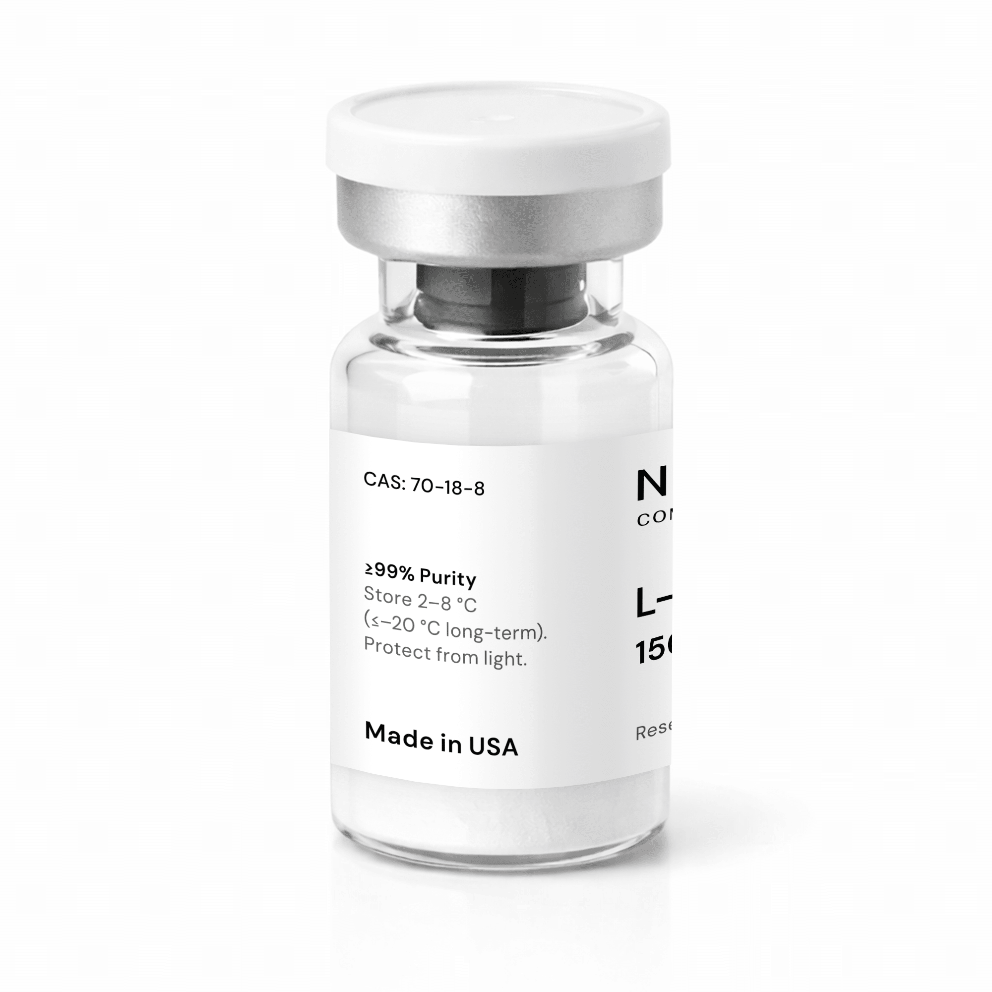 A clear vial with a silver cap and white label showing chemical purity, storage instructions, and